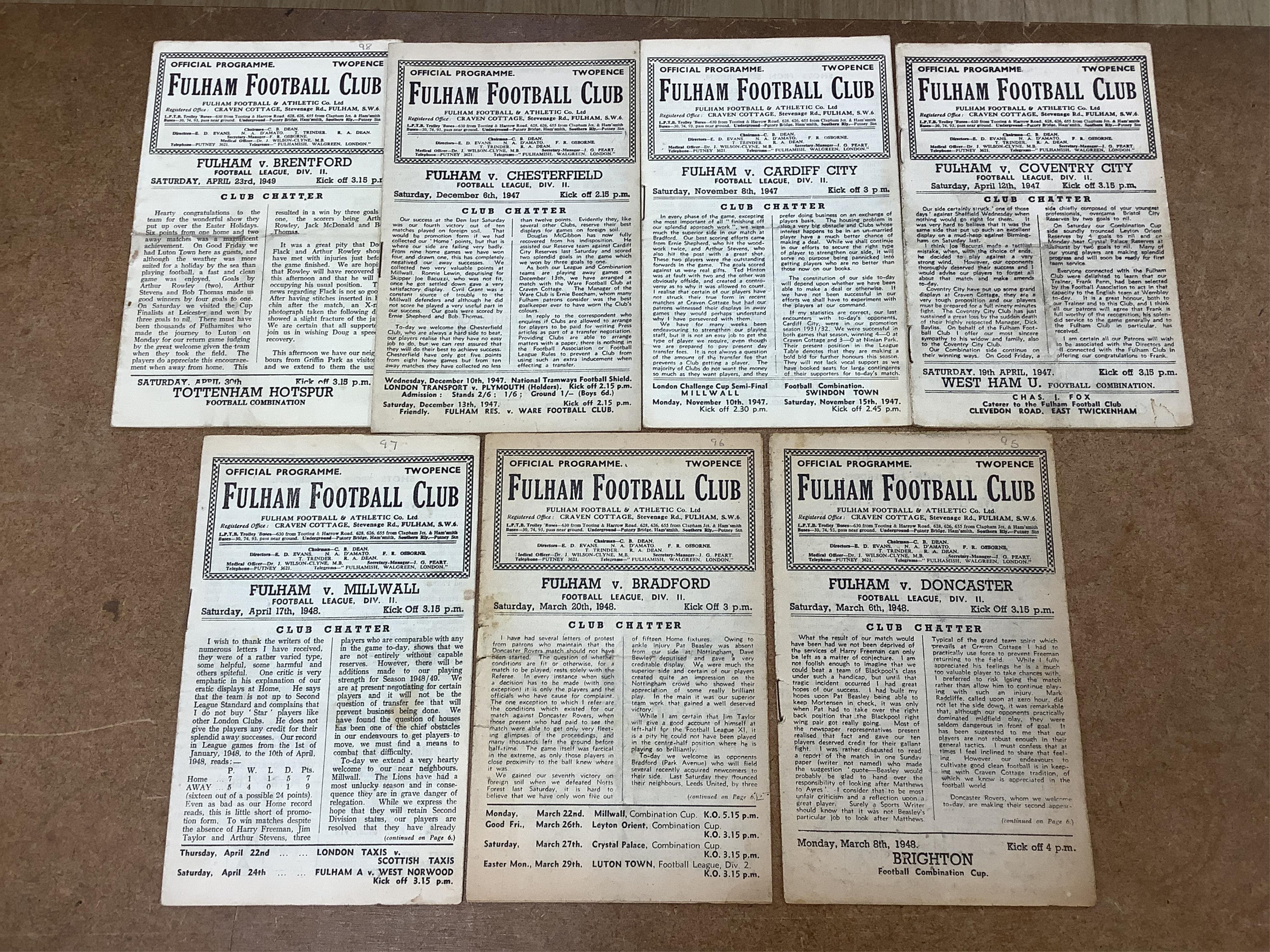 A collection of 1940s-70s football programmes, including Millwall, Fulham, Everton, Newcastle United, Crystal Palace, Leyton orient, Charlton Athletic, Brighton Hove Albion, Leicester City etc.